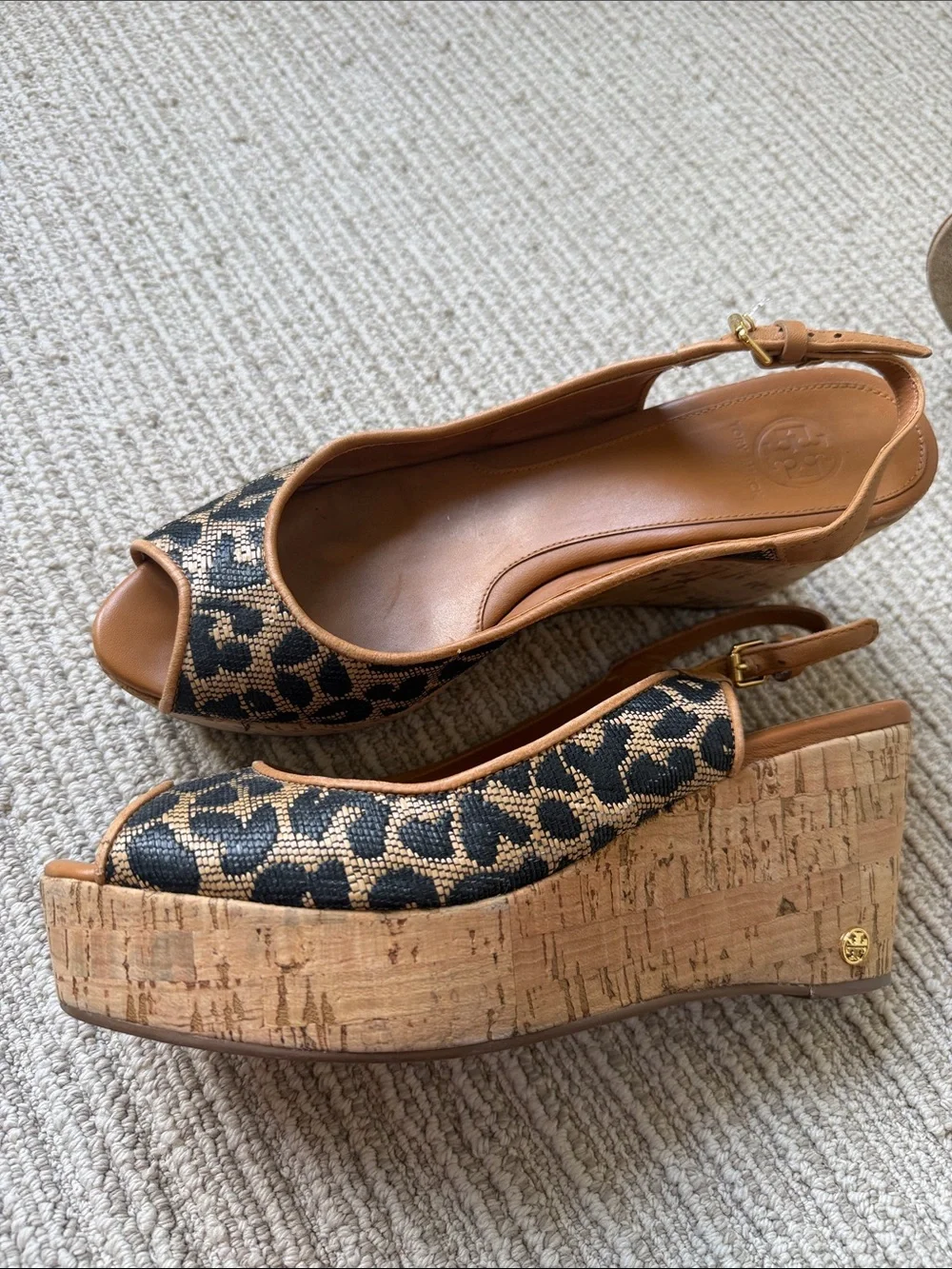 Tory Burch Leopard Print Cork Wedge Slingback Sandals - Tan/Black